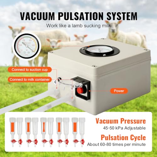 Happybuy Goat Milking Machine, Food-Grade Silicone Cups and Tubes, Portable, 12L 304 Stainless Steel Bucket, Adjustable Suction for Cows and Sheep, Electric Pulsation Automatic Vacuum Milker