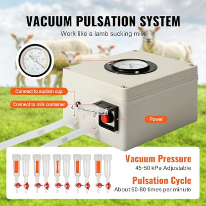 Happybuy Goat Milking Machine, Food-Grade Silicone Cups and Tubes, Portable, 12L 304 Stainless Steel Bucket, Adjustable Suction for Cows and Sheep, Electric Pulsation Automatic Vacuum Milker