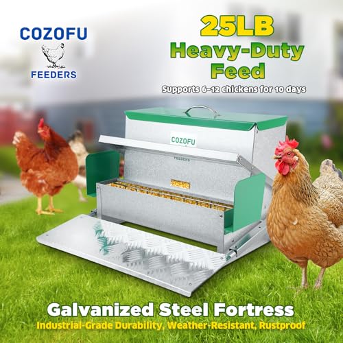 COZOFU's Feeders Automatic Chicken Feeder - Large Capacity for 12 Chickens, Lasts 12 Days (40lb Feed), Durable Galvanized Steel, Rat-Proof, No-Spill, Weatherproof Lid - color: Green, size: 40LB