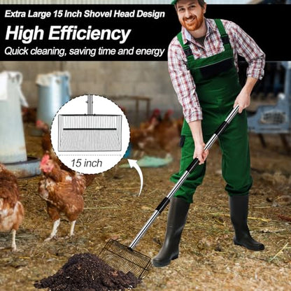 15 inch Large Chicken Poop Scooper for Poop With Glove 4 in 1 Multi-Func Heavy Duty Metal 25 to 74” Long Handle Chicken Coop Scoop Scooper for Sand Sifting Shovel for Chicken Coop Rake Cleaning Tools