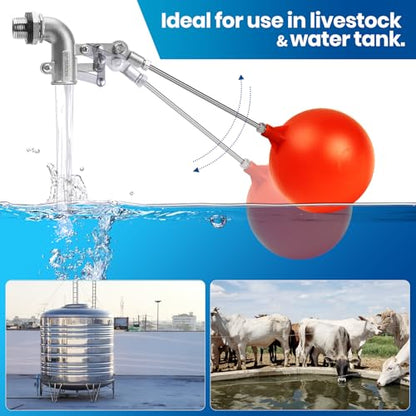 1/2" Stainless Steel Float Valve for Water Tank with 5" Float Ball | 304 Stainless Steel, 5" Float Ball, Adjustable Arm, Leak-Proof Water Level Control - size: 1/2inch