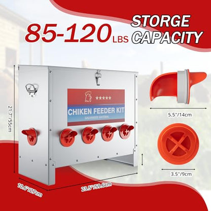 85 lbs Large Automatic Chicken Feeder, No Waste Gravity Fed Poultry Feeder with Latch & Handle, Rat Proof Galvanized Weatherproof Feeder for Chickens, Bantams, Poultry Coop, 6 Ports (Wall-mountable) - color: 6 Ports