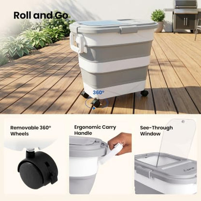 Wood Pellet Storage Container 30-40LB, Airtight Bin with Locking Lid & Clear Window, Collapsible Pellet Bucket with Wheels, Scoop & Labels, Light Gray - color: Light Gray-L