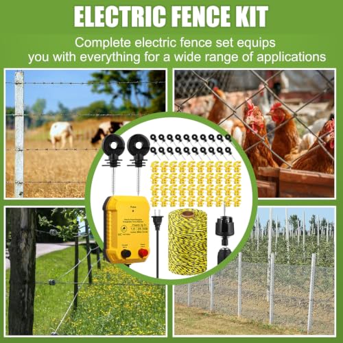 MorningRo Electric Wire Fence Kit, 25 Mile 110vac 1 J Plug in Fence Charger with 656 ft Polywire, 40 T Post Insulators, 20 Screw in Insulators for Pasture Farm Horse Cattle Poultry Fencing - size: 656FT, style: 1J