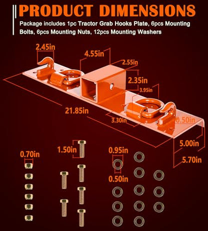 Bonbo Tractor Grab Hooks Compatible with Kubota Tractors - Bolted on Compact Tractor Bucket Grab Hooks with D Rings and 2" Receiver, Orange