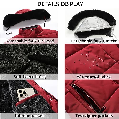 MOERDENG Women's Winter Puffer Coat Thicken Fleece Lined Down Jacket Waterproof Faux Fur Detachable Hooded Parka - color: Red, size: 3X-Large