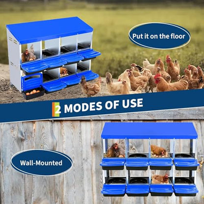 8-Hole Chicken Nesting Box, 2-Tier 8 Compartment Metal Roll Away Egg Laying Box with Lid & Legs, Easy Egg Collection, Galvanized Steel Rustproof Poultry Laying Boxes for Hens, Ducks, Farm, Yard - size: 8 holes-Blue