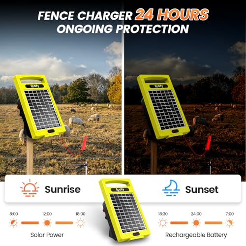 24 Hour Solar Electric Fence Charger, 20 Miles, Up to 10200v Output Range Electric Fence Charger, 0.32J Portable Energizer with Solar Panel for Livestock & Predator Protection - color: Yellow