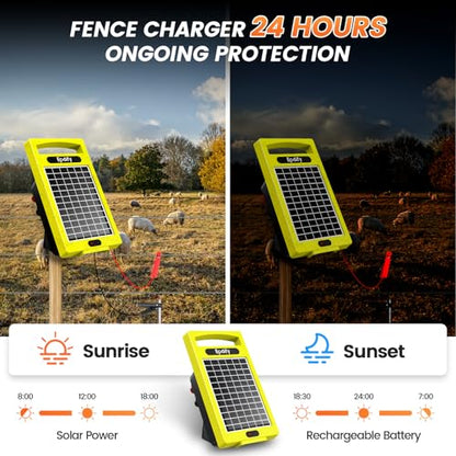 24 Hour Solar Electric Fence Charger, 20 Miles, Up to 10200v Output Range Electric Fence Charger, 0.32J Portable Energizer with Solar Panel for Livestock & Predator Protection - color: Yellow
