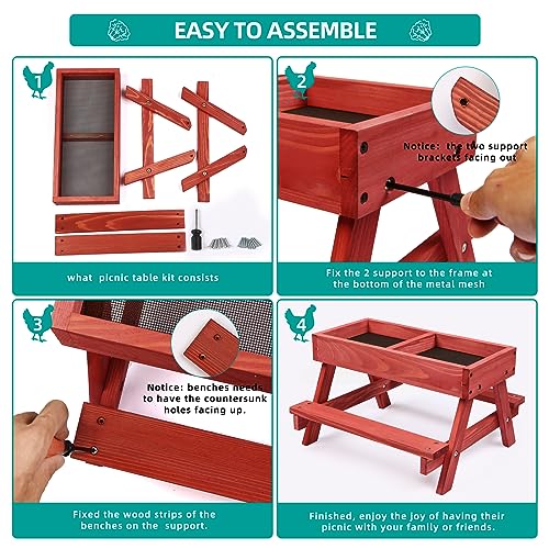 Chicken Picnic Table, Chicken Feeder No Waste Handmade Wooden, Large DIY Chicken Feeder Kit, Wild Bird, Duck & Squirrel Feeders, Mesh Bottom Keep Food Fresh and Dry Easy to Clean and Fill（Red Paint - color: Red Solid Wood