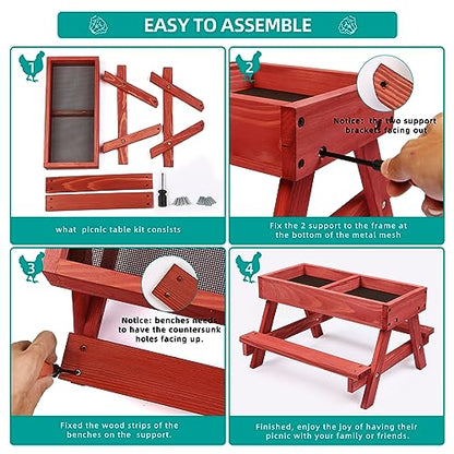 Chicken Picnic Table, Chicken Feeder No Waste Handmade Wooden, Large DIY Chicken Feeder Kit, Wild Bird, Duck & Squirrel Feeders, Mesh Bottom Keep Food Fresh and Dry Easy to Clean and Fill（Red Paint - color: Red Solid Wood