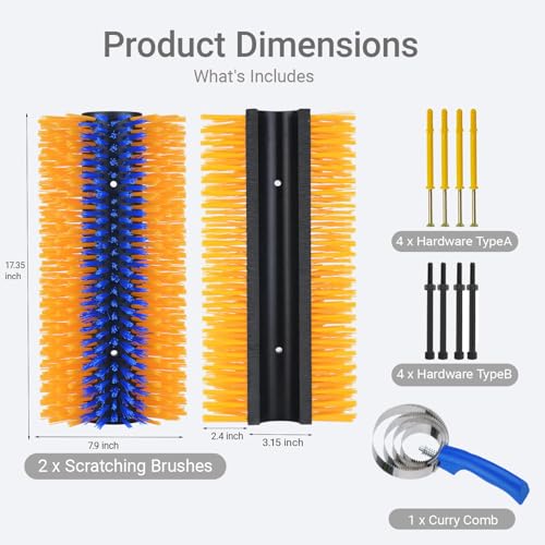 2 Pack Livestock Scratching Brush, Large Horse Grooming Brush Kit With Stainless Steel Curry Comb for Full Massage, Heavy Duty Animal Scratcher for Goat, Cow, Donkey, Horses, Barn or Pasture