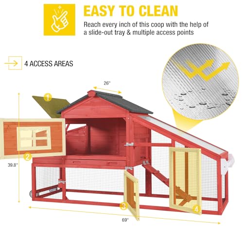 Aivituvin Chicken Coop Outdoor with Wheels, Mobile Hen House Wooden Poultry Cage with Run & Waterproof Roof (Red with White)