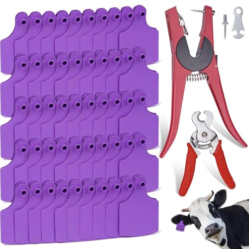 100 Pieces Blank Cow Ear Tags with Animal Ear Tag Applicator and Tag Remover Pliers TPU Precision Livestock Ear Tags Animal Identification for Cattle Cow Pig Goat Horse（Purple） - color: Purple