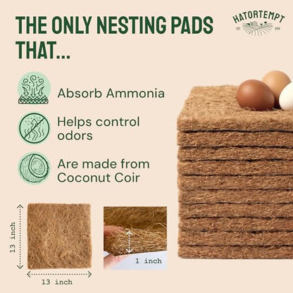 Hatortempt 10-Pack Chicken Nesting Box Pads for Laying Hens, 13"x13" | Ammonia Absorbing Coconut Coir - Helps Control Surface Odors - Tear-Resistant - Soft & Protective - Compostable - Trimmable