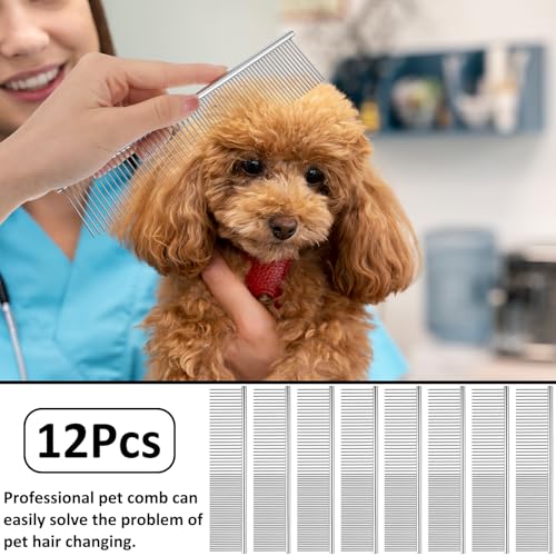 12 Pcs Stainless Steel Dog & Cat Comb, 7.48 Inch Metal Grooming Tool for Removing Knots, Long and Short Haired Pets Including Dogs, Cats & Others