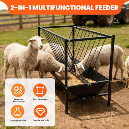Pasture Hay Feeder 70 Gallon, Heavy-Duty Hay Grain Livestock Feeder, Carbon Steel Metal Goat Hay Feeder for Sheep, Calf, Cow and Horse, Quick to Assemble - color: Black