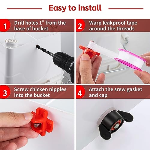 Dreyoo 12 Pcs Horizontal Chicken Waterer Nipples with Drill Bit, Leakproof Chicken Water Nipple, Durable ABS Plastic & Stainless Steel Poultry Watering Nipples for Coop Outdoor Use (Red)