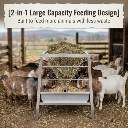 Heavy Duty Feeder Hay for Goat, Sheep and Livestock Animals - Premium Stainless Steel Construction, 87 Gallon Large Capacity, Exact 59 x 33.4 x 19.6in Size for Horses Feeding