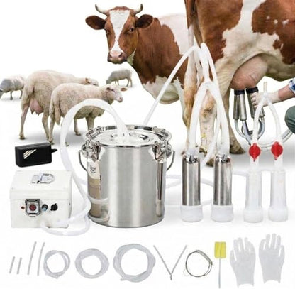 2-in-1 Electric Cow & Goat Milking Machine, Portable Milker with 0.8 gal Food-Grade Stainless Steel Bucket, 4 Teat Cups, 5200 MAh Rechargeable Battery & Pulsation Vacuum Pump