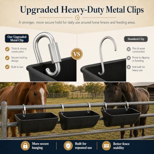 Hanging Horse Feed Trough, Fence Mount Horse Feeder with Heavy-Duty Metal Clips & Screw Hardware, Black Plastic Feed and Water Bucket for Horse Stall, Barn Wall, Pellets & Supplements (2 Pcs)