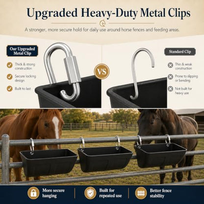 Hanging Horse Feed Trough, Fence Mount Horse Feeder with Heavy-Duty Metal Clips & Screw Hardware, Black Plastic Feed and Water Bucket for Horse Stall, Barn Wall, Pellets & Supplements (2 Pcs)