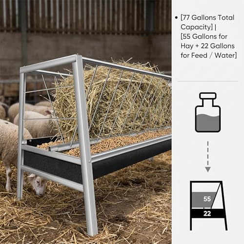 77 Gallon Heavy Duty Hay Feeder, Stainless Steel Anti-Waste Rubber Trough Feeder, Durable Livestock Feeding Equipment for Goats, Sheep, Calves, Horses Farm & Ranch Use