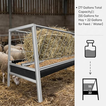 77 Gallon Heavy Duty Hay Feeder, Stainless Steel Anti-Waste Rubber Trough Feeder, Durable Livestock Feeding Equipment for Goats, Sheep, Calves, Horses Farm & Ranch Use