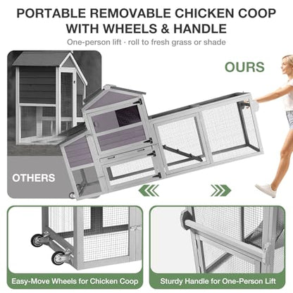 Large Chicken Coop with Wheels, Wooden Hen House with Run & Nesting Box, for 3-5 Chickens, Waterproof Asphalt Roof, Ramp & Leakproof Tray, Expandable - Grey - color: Grey (AIR72)