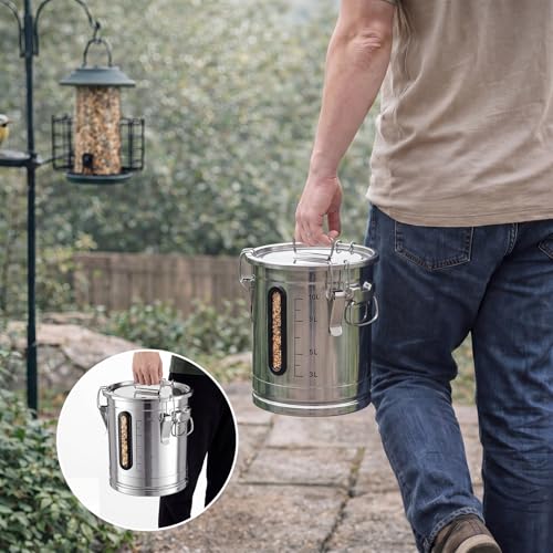 Gisafai 18 Lbs Wild Bird Food Seed Storage with Scoop Stainless Steel Transparent Window Measurement Scale Farmhouse Bird Food and Seed Locking Storage Bucket Bin Critter-Proof Bucket