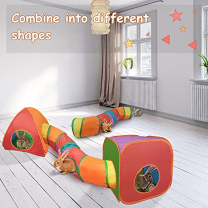 YUEPET Rabbit Tunnel and Cube Collapsible Tent Bunny Interactive Crinkle Tunnel Toys Small Animal Hideout with Play Ball for Dwarf Rabbit Bunny Guinea Pig (Rainbow) - color: Rainbow