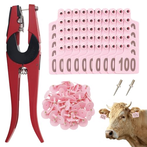 Cattle Ear Tags Numbered 001-100 with Pliers, Plastic Livestock Animal Ear Tag for Cows Goats Sheep Pigs (Pink) - color: Pink