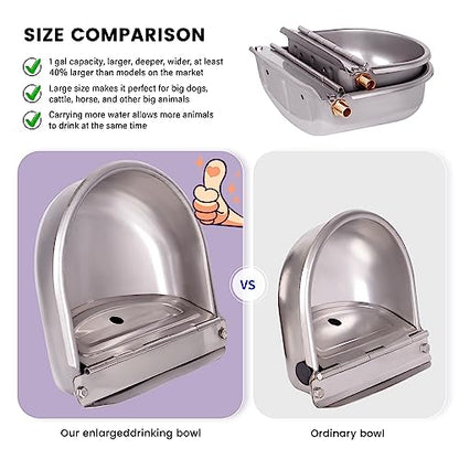 1 Gal Extra Large Automatic Horse Waterer Stainless Steel Dog Water Bowl Dispenser with Brass Float Valve Auto Fill Livestock Water Trough for Dogs Chicken Farm Animal