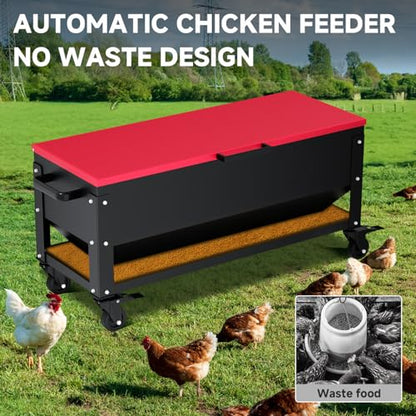 Heavy Duty Chicken Feeder 120 lbs Large Capacity, Metal Automatic Poultry Feeding Box with Waterproof Lid, Raised Standing Feeder with Wheels for Hens & Roosters, Portable & Easy to Move - color: Red