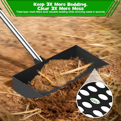 Chicken Poop Scooper & Rake 2-in-1 – 12 Inch Shovel Head & 3-Angle Adjustable Stainless Steel Handle, Chicken Litter Scoop and Coop Rake & Sand Sifting Shovel for Chicken Coops, Black - color: Black