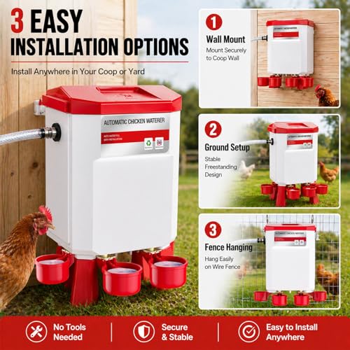 Automatic Chicken Waterer 2 Gallons, Chicken Water Feeder with Float Valve & 4 Water Cups, 13FT Hose Poultry Waterer System, Chicken Coop Water Dispenser for Chickens Ducks Quail Turkey (Red, 2 GAL) - color: Red