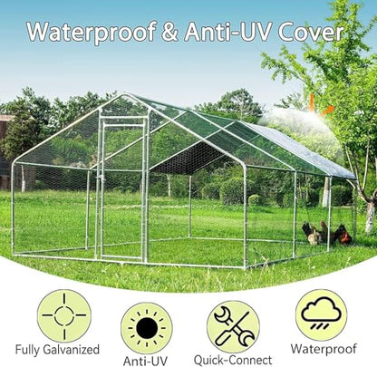 HITTITE Large Metal Chicken Coop with Run, 19.19 x 9.84 x 6.56 ft Walk in Poultry Cage Chicken Run Pen, Outdoor Chicken Runs for Yard with Waterproof & Anti-UV Cover - size: 19.19'L x 9.84'W x 6.56'H