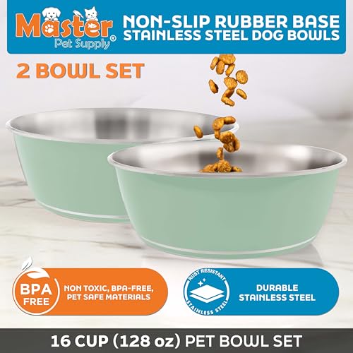 Master Pet Supply Stainless Steel Dog Bowls Set of 2 (128 Oz Each) with Non-Slip Rubber Base - Pistachio - Basic Dog Food Bowl Water & Food Bowls for Small Medium Large Dogs & Cats, Metal Dish - color: Pistachio, size: 16 Cups (128 oz) 2 Pack