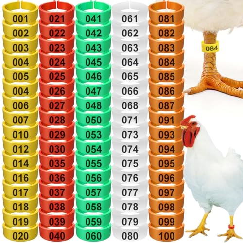 16mm 100 Pcs Chicken Leg Bands, Poultry Identification Tags for Legs 5 Multicolor Numbered Chicken Leg Rings for Ducks Guineafowl Bantams Goose Keeper No Tools Required