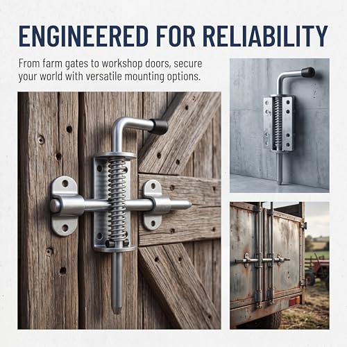 6.5 Inch Spring Loaded Latch Pin, Heavy Duty Metal Barrel Bolt Door Lock with Powder Coated Finish, 12mm Thick Gate Latch for Sheds, Utility Trailers and Corral Gates