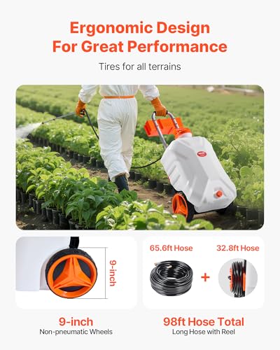 VEVOR Battery-Powered Sprayer with Wheeled Cart, 10 Gallons Electric Weed Sprayer, Adjustable 0-80 PSI, Yard Lawn Sprayers with Wheels, 5 Nozzles & 98ft Hose, 3-6H Spray Time, for Weeding, Cleaning - size: 10 Gal