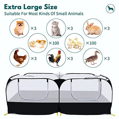 Small Animals Playpen,Pet Cage Tent Large Chicken Run Coop with Detachable Bottom Breathable Transparent Mesh Walls, Foldable Pet Enclosure for Puppy Kitten Rabbits Indoor Outdoor Playpen - color: Black with Detachable Bottom