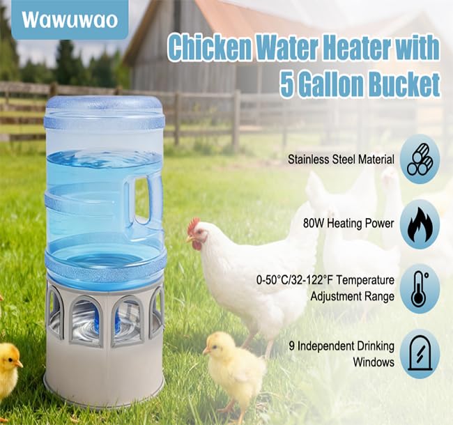 Chicken Water Heater with 5 Gallon Bucket, Heated Poultry Waterer with LED Display, Temp Adjustable(32-122℉), 80W, All-Season Use
