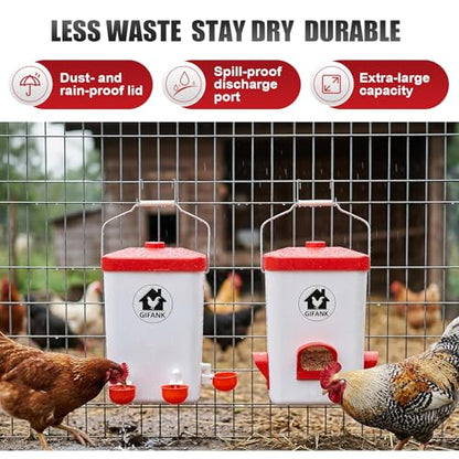 Chicken Feeder and Waterer Set,Hanging Chicken Waterer 3 Gallon | Poultry Water Feeder with Nipples and Feeding Ports No Waste,Chicken Coop Accessories