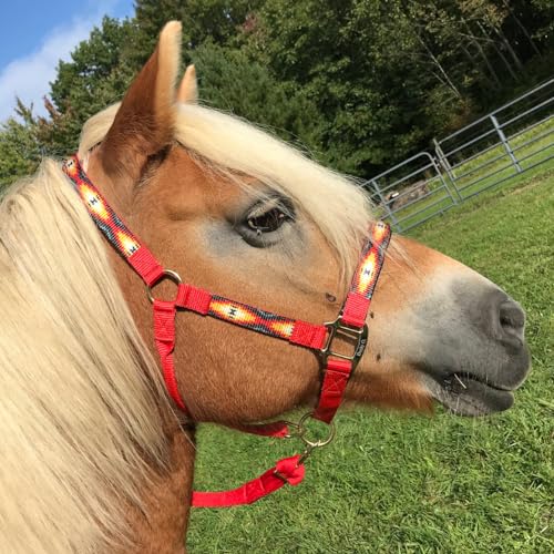 Tahoe Tack Patterned Nylon Adjustable Horse Halters with Padded Noseband and Matching 10’ Soft Grip Lead Rope with one Year Warranty - color: Red Aztec and Red