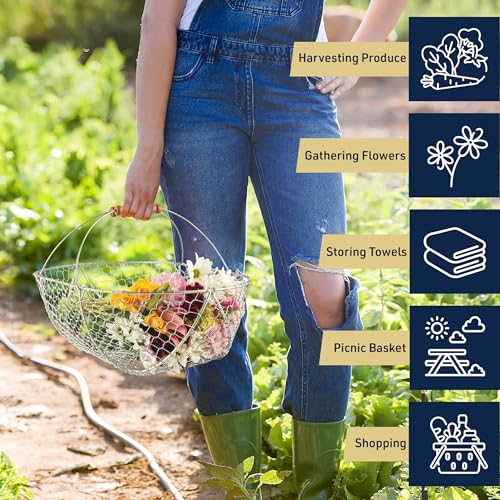Garden Harvest Basket 2-Pack - Large and Small Gathering Hod for Veggies, Picnic or Farmhouse Decor - Rust-Resistant Mesh and Wood Handle Chicken Egg Basket for Collecting Eggs by Kings County Tools