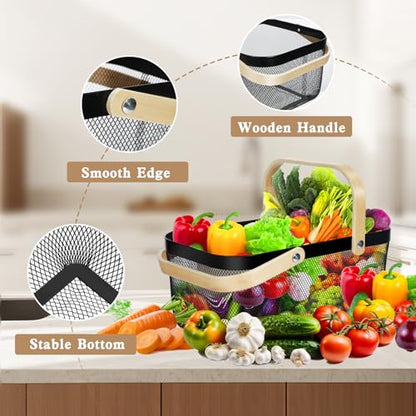 2 Pack Garden Harvest Basket, Metal Mesh Wire Picnic Basket with Handle, Rectangle Garden Baskets for Gathering Vegetables, Fruits, Kitchen, Home Cabinet Closet and Office(Black) - color: Black