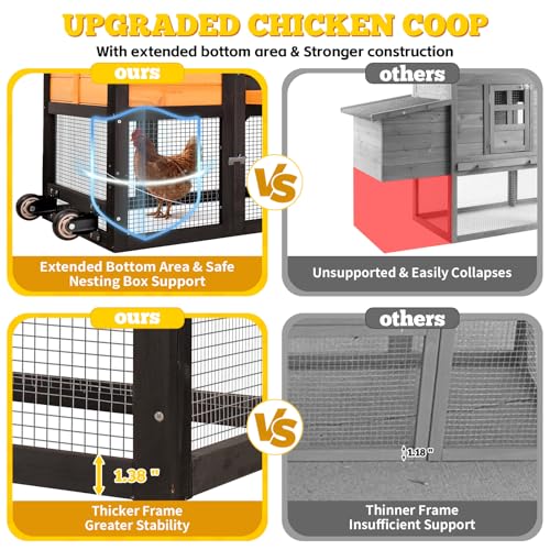 Portable Chicken Coop with Wheels Poultry Cage, Wooden Chicken Coop for 4-6 Chickens, Nesting Box, Pull-Out Tray, Ventilated Windows, Asphalt Weatherproof Roof, 81.5" Lx25.6 Wx44.1 H, Yellow - color: Yellow