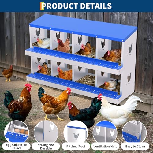 Garvee Rustproof Ventilated Metal Chicken Nesting Box – 8 Compartments, Roll Away Egg Collection, Perch, Easy Clean, for Poultry Coops and Hens, Without Bracket, Blue - color: Blue, size: 8 holes