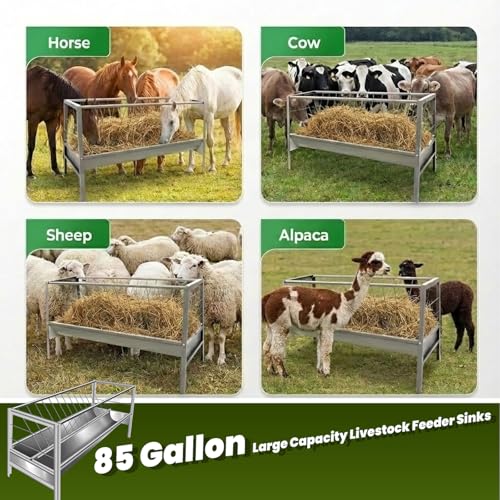 85 Gallon Livestock Feeder, 5 FT Pasture Hay Feeder Made of Stainless Steel, 2 in 1 Hay Rack with Deep Feed Pan for Goats, Sheep, Mini Horses, Outdoor Farm Feeding